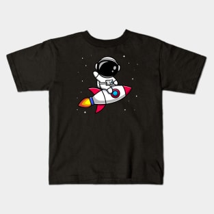 Astronaut Riding Rocket Cartoon Vector Icon Illustration (2) Kids T-Shirt